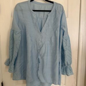 Sky Blue Button-Up Blouse with Eyelet Sleeves